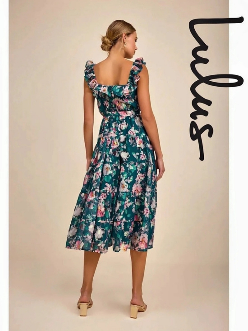 Lulus - Shela Teal Floral Jacquard Tiered Midi Dress - Picture 3 of 6